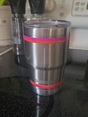 Dunkin' Stainless Steel 14oz. Travel Tumbler - Gray with Pink & Orange Stripes